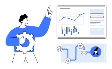 Veri paneline grafikler ve çizelgeler gösteren vites dişlisi tutan kişi, iş süreçlerini temsil eden ikonlar. İş planlaması, strateji, veri analizi, bilişim çözümleri, pazarlama ve karar için ideal