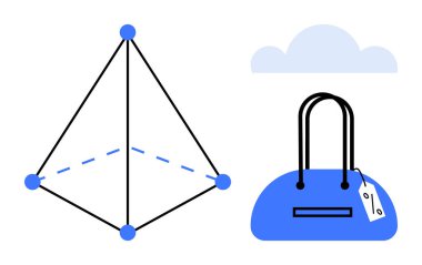 Noktalı ve çizgili geometrik piramit, fiyat etiketli alışveriş torbası ve bulut. Dijital sanat, iletişim, turizm, eğitim, teknoloji e-ticaret minimalizmi için idealdir. Satır metaforu