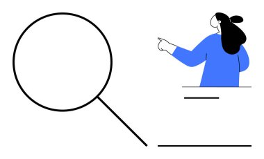 Kadın büyük büyüteçlere bakıyor. Keşif, araştırma, keşif, bilgi ve analiz için ideal. Kalın çizgiler ve mavi renk aksanlı basit ve modern özellikler