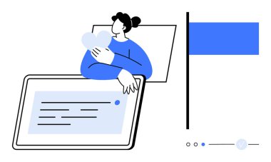 Kalp tutan bir kadın, mavi bayrağa paralel bir tablet gösteren bir yazı. Kişisel bakım, akıl sağlığı, aşk, dijital iletişim, rahatlama teknolojisi duygusal refah için idealdir. Satır metaforu