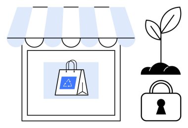 Alışveriş torbasında geri dönüşüm sembolü olan bir dükkan. Topraktan büyüyen genç bir bitki ve asma kilit. Çevre ticareti, sürdürülebilirlik, güvenlik, geri dönüşüm, çevre koruma, işletme yeşili için ideal
