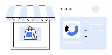 Çizgili tente ve alışveriş çantasıyla dükkanın önünde, analitik gösterge paneline bağlı, turta grafikleri ve listeleri sergileniyor. E-ticaret, satış raporlama, perakende yönetimi ve iş stratejisi için ideal