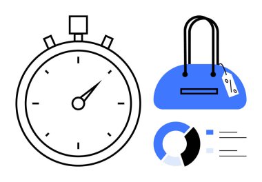 Saati gösteren kronometre, üzerinde fiyat etiketi olan mavi çanta, veri çizgileri olan pasta tablosu. Zaman yönetimi, perakende analizi, zamanlama, alışveriş planlaması, iş verimliliği, pazarlama için ideal