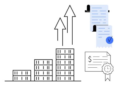 Büyümeyi gösteren oklar, mali raporlara işaret eden belgeler ve bir sertifika sembolü olan çubuk grafik. Ticari büyüme, mali başarı, başarı, ilerleme ve veri analizi için ideal