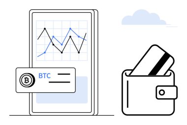 Bir Bitcoin ödeme ikonu ve kredi kartlı bir cüzdanın yanında şifreli para birimi grafiği gösteren cep telefonu. Finans, yatırım, bankacılık, teknoloji, dijital cüzdanlar için ideal