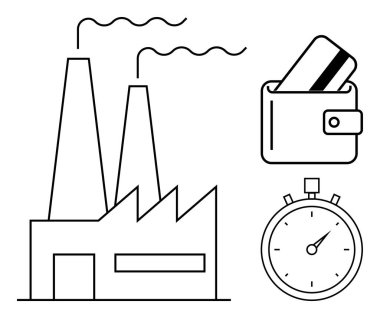 Bacaları duman çıkaran bir fabrika, içinde kredi kartı ve kronometre olan bir cüzdan. Endüstriyel üretim, verimlilik, finans, zaman yönetimi, iş planlaması, imalat için ideal