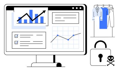 Business data analysis on computer screen including charts, graphs, and checklists. Clothing rack, lock with crossbones. Ideal for business, data analysis, e-commerce, cybersecurity technology clipart