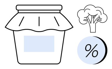 Boş etiketli kavanoz, brokoli simgesi, daire şeklinde yüzde sembolü. Gıda ambalajı, beslenme etiketleri, organik ürünler, sağlıklı yiyecekler, marketler, diyet planlaması, yemek tarifleri için idealdir. Çizgi