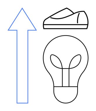 Mavi ok yukarı bakıyor, spor ayakkabı ve ampul. Büyüme kavramları, yenilik, iş stratejisi, kişisel gelişim, motivasyon, fitness hedefleri ve yeni fikirler için idealdir. Satır metaforu