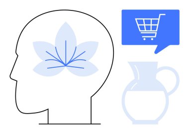 Beyninde nilüfer çiçeği olan insan kafası profili farkındalığı temsil eder. Mavi alışveriş arabası ikonu e-ticaret için konuşma balonunda. Atıcı günlük yaşamı sembolize eder. Akıl sağlığı ve farkındalık için ideal.
