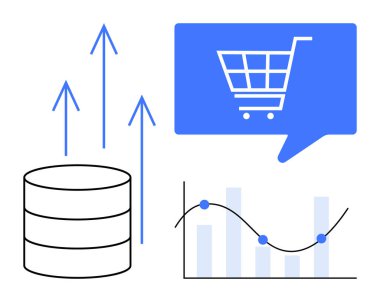 Database icon, upward arrows, shopping cart in speech bubble, and graph with bars and line. Ideal for e-commerce, data analytics, business growth, market trends, financial analysis, online shopping clipart