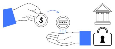 El, bir banka binası ve asma kilit ikonlarıyla bir dolar takas ediyor. Finans, bankacılık, dijital para birimi, işlemler, güvenlik, yatırımlar, fintech için ideal. Satır metaforu