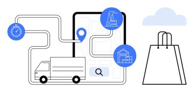 Fabrika, depo ikonlarının, kronometrenin ve alışveriş çantasının olduğu bir güzergah haritası. Lojistik, dağıtım, e-ticaret, tedarik zinciri, nakliye ve perakende için ideal. Çizgi