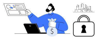 Elinde para çantası, siyah laptop, asma kilit ve şehir silueti olan bir tahtanın üzerindeki verileri analiz eden adam. Finans, yatırım, güvenlik, şehir planlama stratejisi için ideal. Satır metaforu