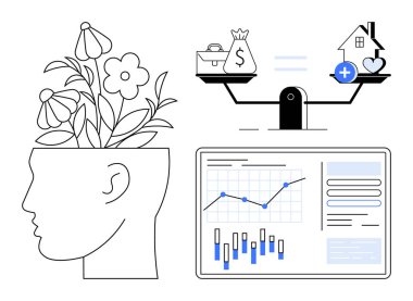Çiçeklerin açtığı baş, parayı ve sağlığı tartan denge ölçeği ve veri tabloları ve raporlarla bilgisayar ekranı. Maddi planlama, kişisel büyüme, refah, iş ve eğitim için ideal