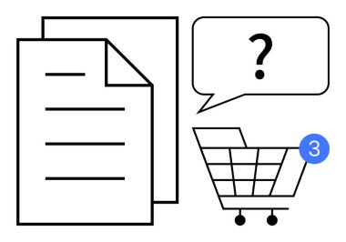 Tebligat kartlı alışveriş arabası soru işaretli sohbet balonu ve bir yığın belge. E-ticaret, müşteri hizmetleri, çevrimiçi alışveriş, dijital işlemler, tüketici davranışı için ideal