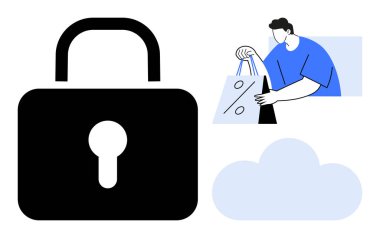 İndirim işaretli çantalar, büyük bir asma kilit sembolü ve arkasında bulut resmi olan bir adam. Çevrimiçi alışveriş, e-ticaret güvenliği, veri koruması, perakende satış, indirimler, bulut hizmetleri için ideal