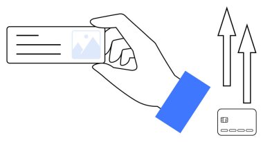 Resmi ve mesajı olan el ele tutuşma kartı, yukarı doğru iki ok, okun altında kredi kartı. Ticari kimlik, ağ oluşturma, büyüme stratejileri, mali hizmetler, mesleki değişim için ideal