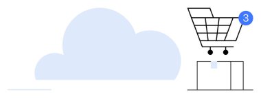 Tebligat ikonlu alışveriş arabası ve mavi bulutlu bir paket. Çevrimiçi alışveriş için ideal, dijital pazarlar, e-ticaret platformları, envanter yönetimi, dağıtım hizmetleri, bulut
