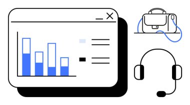 İş sayfası, evrak çantası ve kulaklık. İş, ofis, iletişim, finans, teknoloji, uzaktan çalışma ve üretkenlik temaları için idealdir. Satır metaforu