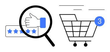 Magnifying glass over thumbs up and stars, shopping cart with item count. Ideal for e-commerce, online shopping, product reviews, customer satisfaction, marketing research, consumer behavior clipart