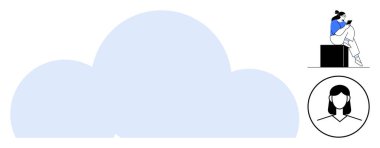 Akıllı telefon kullanan bir kadın, büyük boş bir bulut şekli ve daire çizen bir dişi avatar. Teknoloji, bulut hesaplama, avatarlar, iletişim, sosyal medya, kullanıcı profilleri için ideal