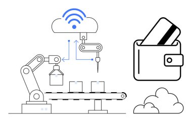 Robotic arm handling production line connected to the cloud using IoT technology, with a wallet holding credit cards. Ideal for technology, finance, industry 4.0, automation, e-commerce, IoT clipart