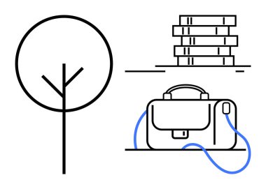 Basit bir çizim, mavi kayışlı deri evrak çantası ve bir yığın kitap. İş-yaşam dengesi, doğa katılımı, asgari tasarım, eğitim temaları, iş organizasyonu, meslek hayatı için ideal