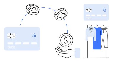 Kredi kartları, madeni paralar, el ve giyim rafları dijital ödemeleri ve online alışverişi ön plana çıkarıyor. E-ticaret, finansal teknoloji, perakende, çevrimiçi işlemler, dijital bankacılık modern alışveriş için ideal