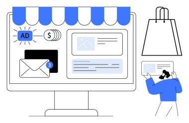 E- posta bildirimleri, online reklamlar ve alışveriş simgeleri gösteren bilgisayar ekranı. E-ticaret, dijital pazarlama, e-posta kampanyaları, çevrimiçi satışlar, reklamcılık, web tasarım kullanıcısı için ideal