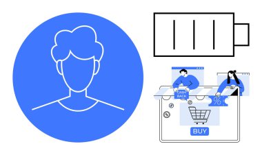 Profil kullanıcı simgesi, boş pil sembolü ve satın alma düğmelerine basan ve indirimleri keşfeden karakterlerle çevrimiçi alışveriş faaliyetleri. E-ticaret, kullanıcı deneyimi, alışveriş ve teknoloji için ideal