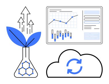 Oklu bir şişeden büyüyen bitki, büyümeyi gösteriyor, veri analiz panelinin yanında, ve senkronize oklu bir bulut. İş büyümesi, veri analizi ve bulut entegrasyonu için ideal