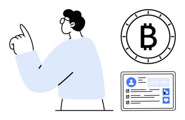 İşadamı el hareketi, Bitcoin sembolü, sosyal medya simgeleriyle dijital profil. Kripto para birimi, finans, iş stratejisi, dijital kimlik, sosyal medya, çevrimiçi için ideal