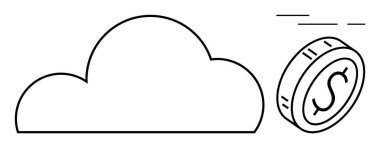 Üzerinde dolar işareti olan uçan bir madeni paranın bulunduğu bulut ana hatları, maliyet etkinliğini, bulut hesaplamasını ve fintech 'i temsil ediyor. Finansal hizmetler, bulut çözümleri, teknoloji entegrasyonu için ideal