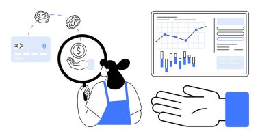 Finansal analist büyüteç, kredi kartı, bozuk para, grafikler üzerinden dolar işaretine bakıyor. Finansal hizmetler, veri analizi, iş stratejisi, piyasa araştırması, fintech, ekonomik