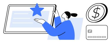 Mavili kadın tabletle etkileşimde, yıldızın altını çiziyor. Yakınlarda dolar sembolleri ve kredi kartı ikonları var. Finans, çevrimiçi bankacılık, müşteri memnuniyeti, değerlendirmeler, dijital işlemler için ideal