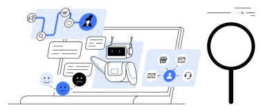 Yapay zeka sohbet robotu, simgeler ve arama simgeleri eşliğinde bir dizüstü bilgisayardaki çeşitli iletişim kanalları aracılığıyla kullanıcılarla çevrimiçi olarak iletişim kuruyor. Müşteri hizmetleri, teknoloji, yapay zeka ve dijital için ideal