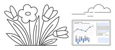 Çiçekler, artan grafik ve istatistikleri gösteren bir veri ekranının yanında çiçek açıyor. Ticari büyüme, doğa, sürdürülebilirlik, çevresel etki, veri analizi, ilerleme izleme ve stratejik