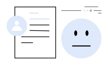 Ayrıntılı bir belge ve tarafsız yüz ifadelerinin yanında profil simgesi. İş başvuruları, çevrimiçi profiller, işe alım, insan kaynakları, duygu analizi, kullanıcı arayüzü tasarımı, sosyal medya için ideal