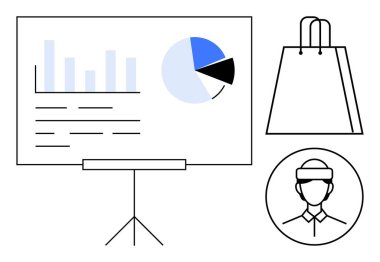 Ekran standı, alışveriş torbası ve müşteri temsilcisi simgesinde grafik ve pasta grafiği. İş stratejisi, tüketici davranışı, perakende analizi, satış eğitimi, e-ticaret, pazarlama müşterisi için ideal
