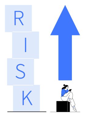 İş kadını tabletteki verileri inceliyor, yukarı doğru ok ve RISK yazımını engelliyor. Risk analizi, büyüme stratejileri, iş tahminleri, pazar eğilimleri, mali planlama için ideal