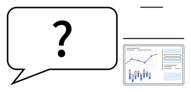 Veri analizi grafikleri ve çubukları olan bir konuşma baloncuğunun içindeki soru işareti. İş kararları, belirsizlik, veri yorumlaması, analitik, araştırma bulguları, stratejik