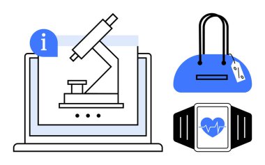 Mikroskop ikonlu dizüstü bilgisayar, etiketli el çantası, kalp atış hızı sembollü akıllı semer. E-ticaret, eğitim, tıp teknolojisi, moda endüstrisi, çevrimiçi alışveriş, sağlık izleme ve teknoloji için ideal