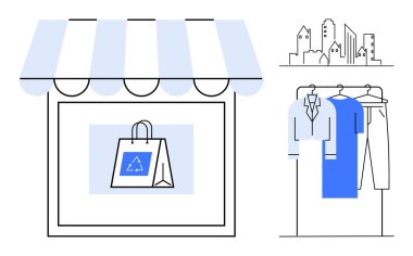 Geri dönüşüm çantası vitrininde, askıda giysiler, minimalist şehir silueti. Çevre dostu moda, perakende, sürdürülebilirlik, geri dönüşüm, kentsel yaşam tarzı, alışveriş ve çevre için ideal