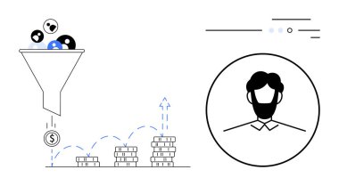 Satış hunisi filtreleme müşteri öncüleri, madeni para istifleme ve iş portresi ile kar artışını gösteren mali grafik. İş stratejisi, pazarlama, finans hizmetleri, satış için ideal