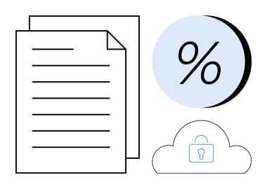 Belgeler yüzdelik bir sembol ve asma kilitli bir bulut simgesinin yanında. Finans, veri güvenliği, dijital depolama, belge yönetimi, çevrimiçi mahremiyet, bulut bilgisayarı, kağıtsız ofis için ideal