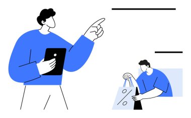Erkek figürü bir tableti işaret ediyor ve tutuyor. Alışveriş torbalı başka bir erkek figürü. Çevrimiçi alışveriş, müşteri hizmetleri, perakende satış, dijital işlemler, e-ticaret, teknoloji, kullanıcı deneyimi için ideal