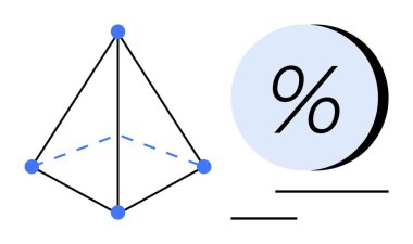 Mavi köşeli tetrahedron ve siyah çizgili açık mavi bir dairede yüzde bir sembol. Matematiksel modeller, eğitim, finans, veri analizi, istatistik, tasarım, sunumlar için ideal