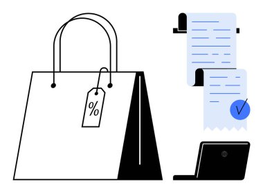 Üstünde yüzde etiketi ve makina makbuzu olan bir alışveriş torbası. E-ticaret, perakende, indirim, satış promosyonları ve online alışveriş için ideal. Temiz modern biçim