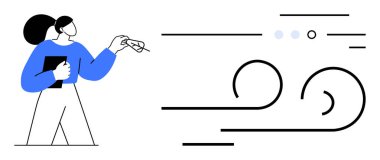 Mavi giyen biri kağıt uçak tutuyor, soyut siyah kıvrımlı çizgiler ve fikirleri sembolize eden noktalar. Yaratıcılık, beyin fırtınası, yenilik, fikirler, strateji, planlama, takım çalışması için ideal. Çizgi